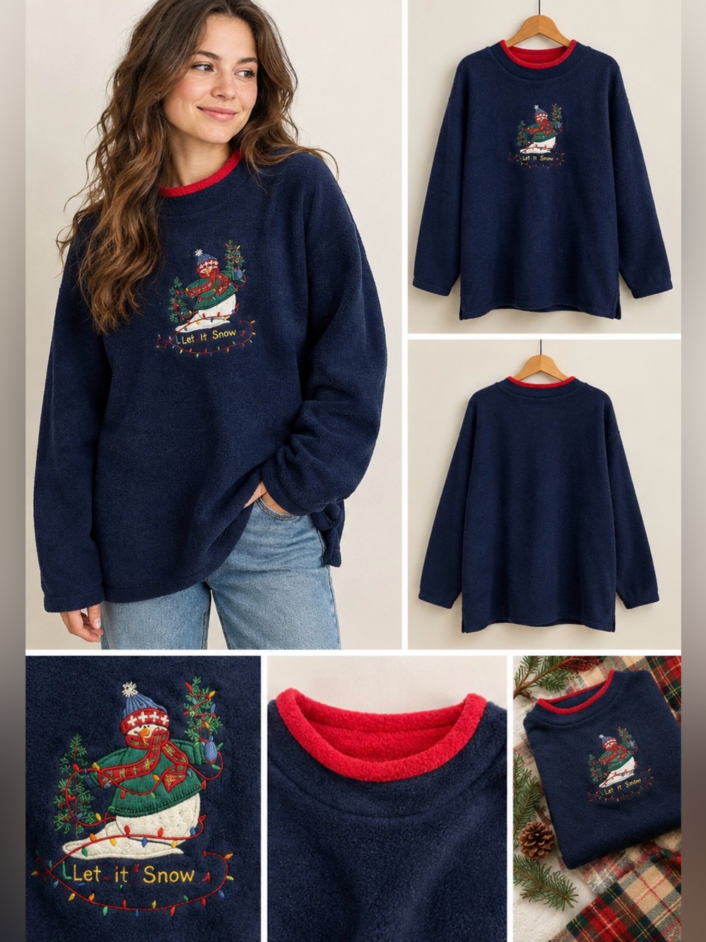 Vintage Fleece Pullover Sweater Christmas let it snow snowman Embroidery medium